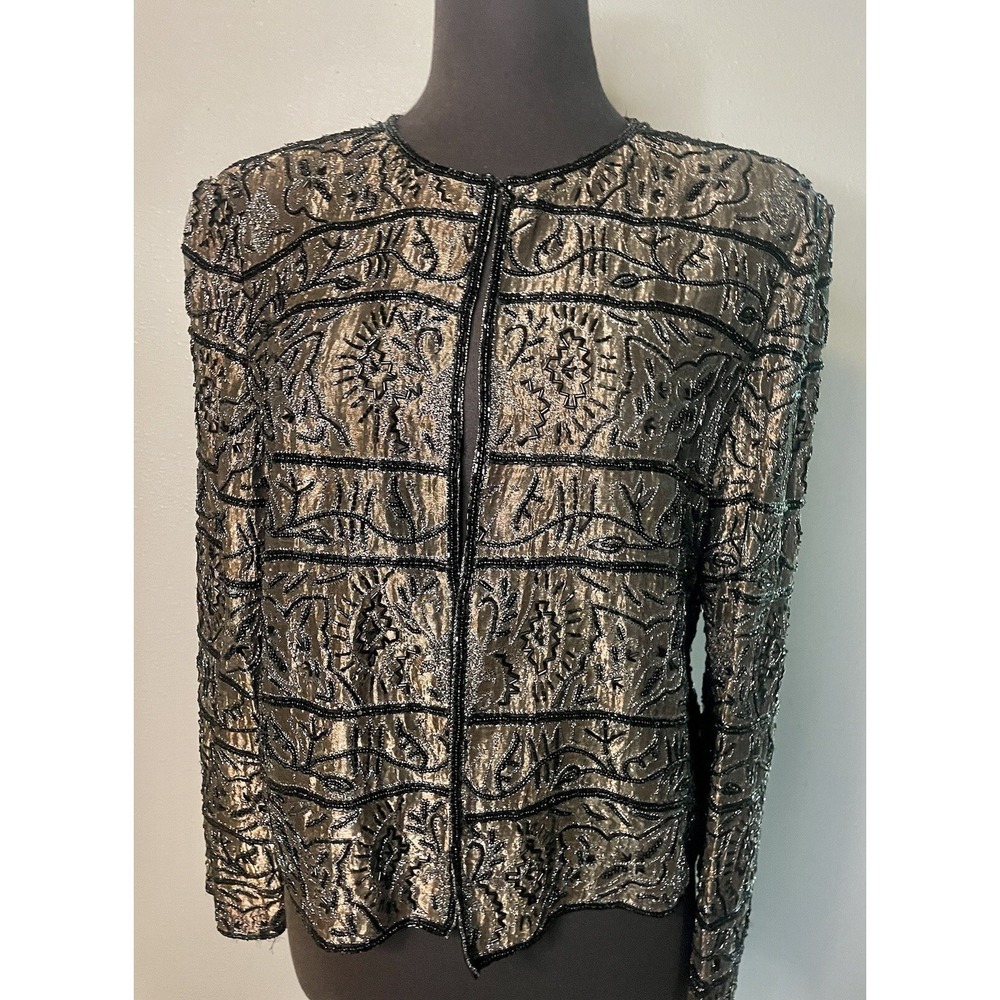 Papell Boutique  Beaded Sequin Formal Jacket L Brown/black Wedding, Elegant
